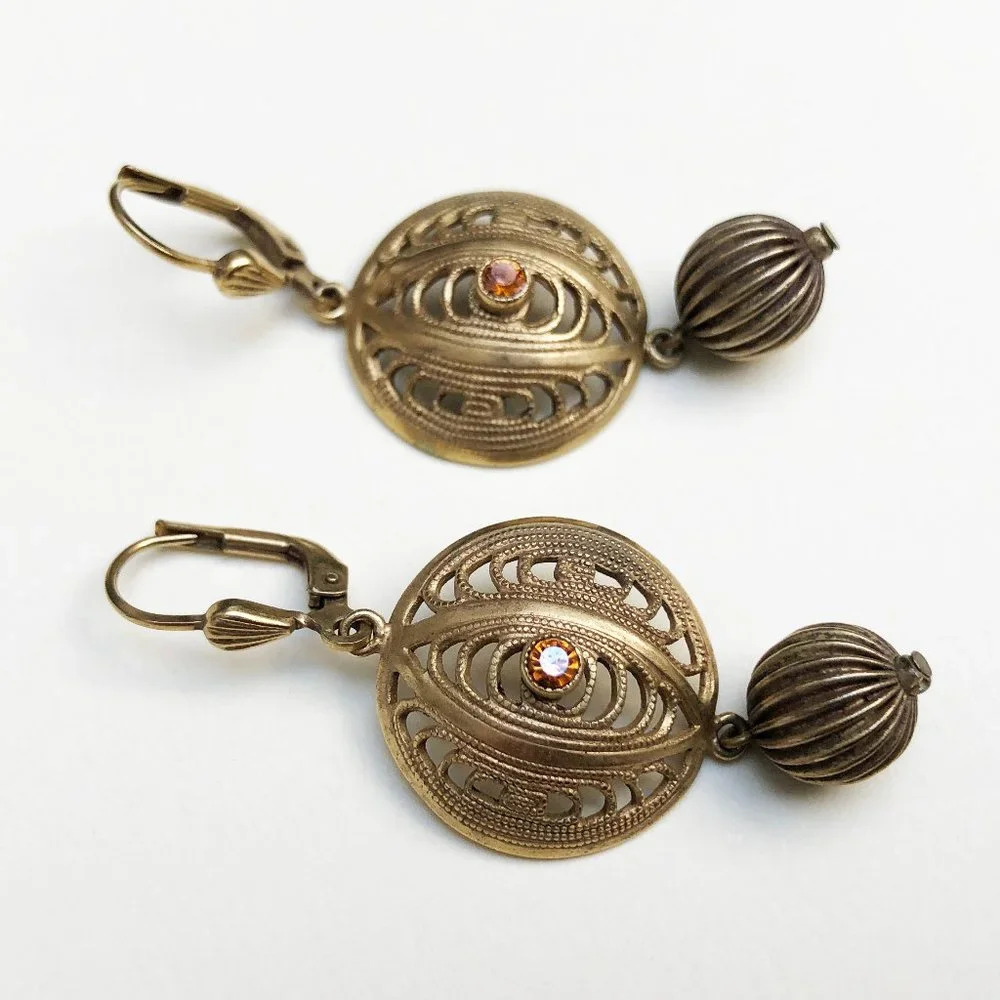 Gold filigree earrings dangle, fancy golden circle earrings